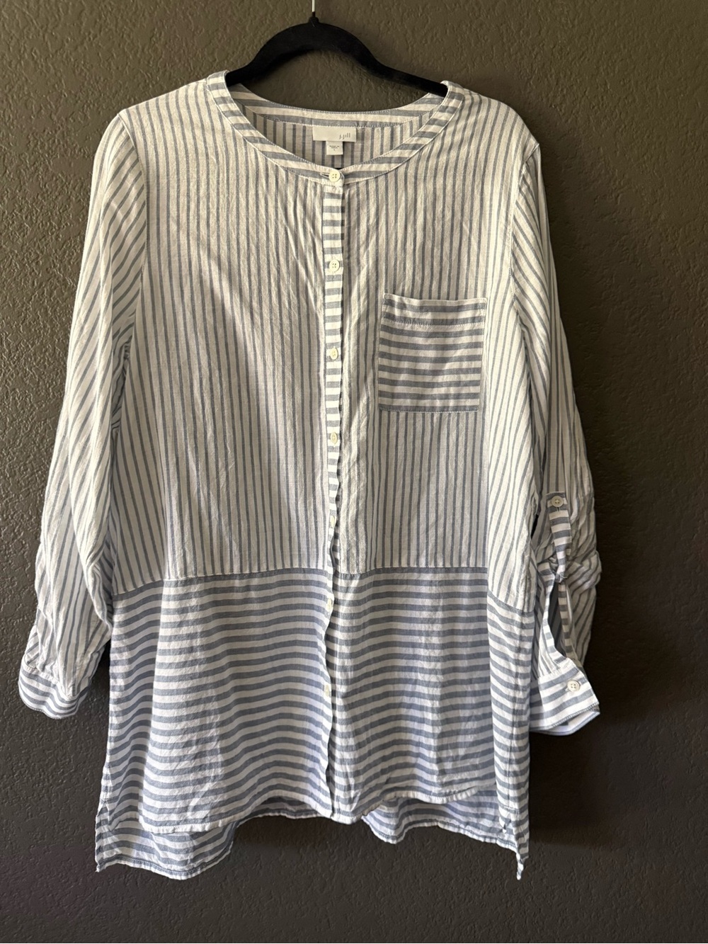 J.Jill Striped Cotton Button Front Tunic Shirt Large Blue White